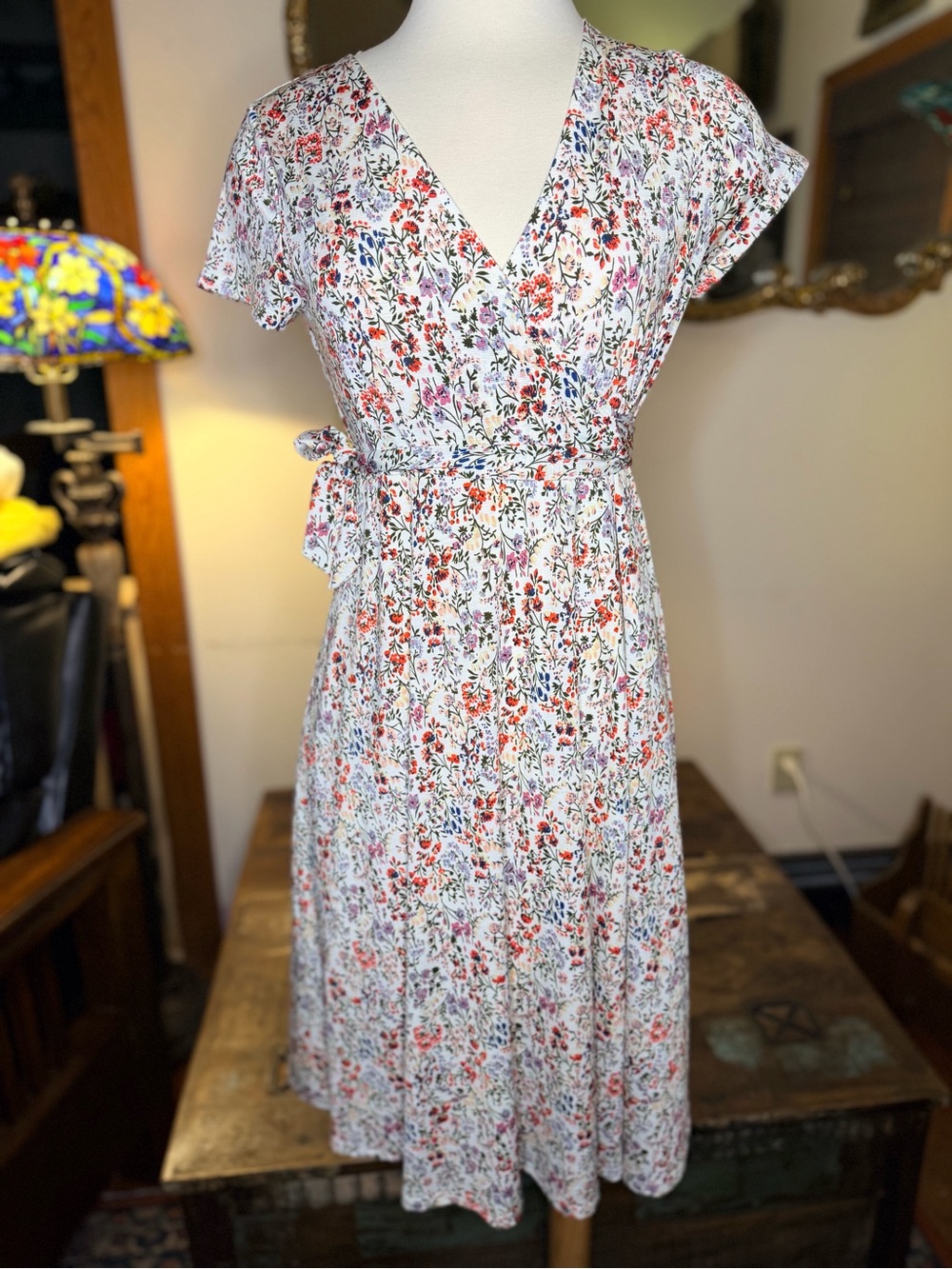 Floral Faux  Wrap Midi Dress in White with Multi-Color Print